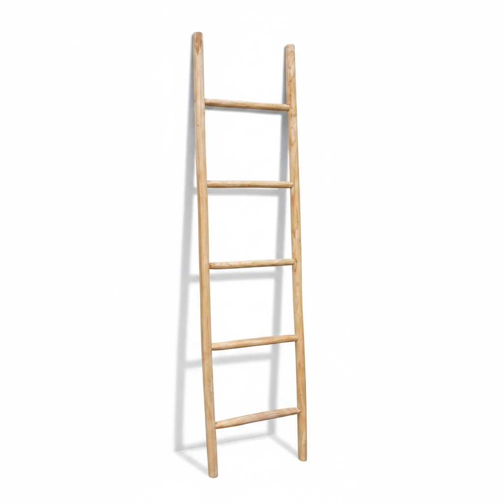Home Basket teak branch wood ladder with five rungs, natural finish, leaning against a white wall.
